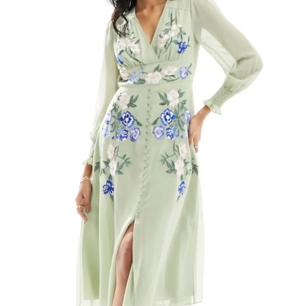 ASOS Elegant Floral Embroidered Dress in Green